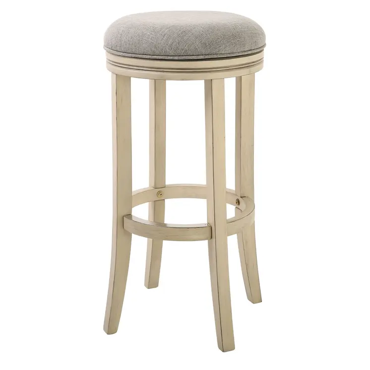 30" Gray and Ivory Fabric and Solid Wood Backless Bar Height Swivel Bar Chair