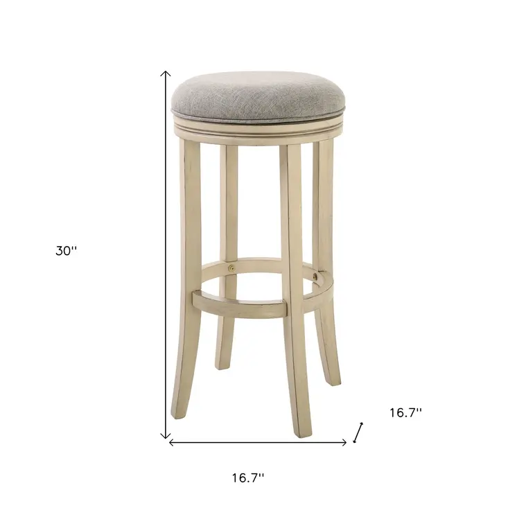 30" Gray and Ivory Fabric and Solid Wood Backless Bar Height Swivel Bar Chair