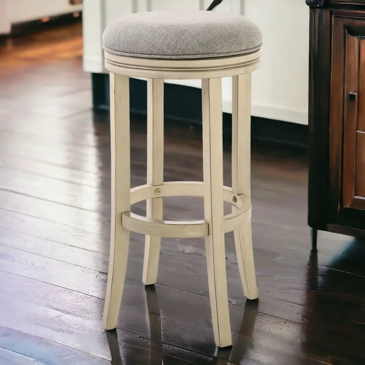 30" Gray and Ivory Fabric and Solid Wood Backless Bar Height Swivel Bar Chair