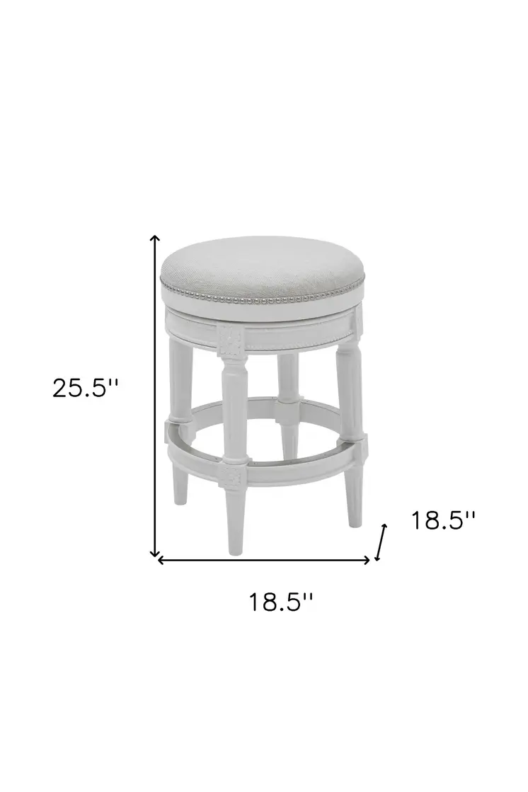 26" White Solid Wood and Fabric Backless Counter Height Swivel Bar Chair