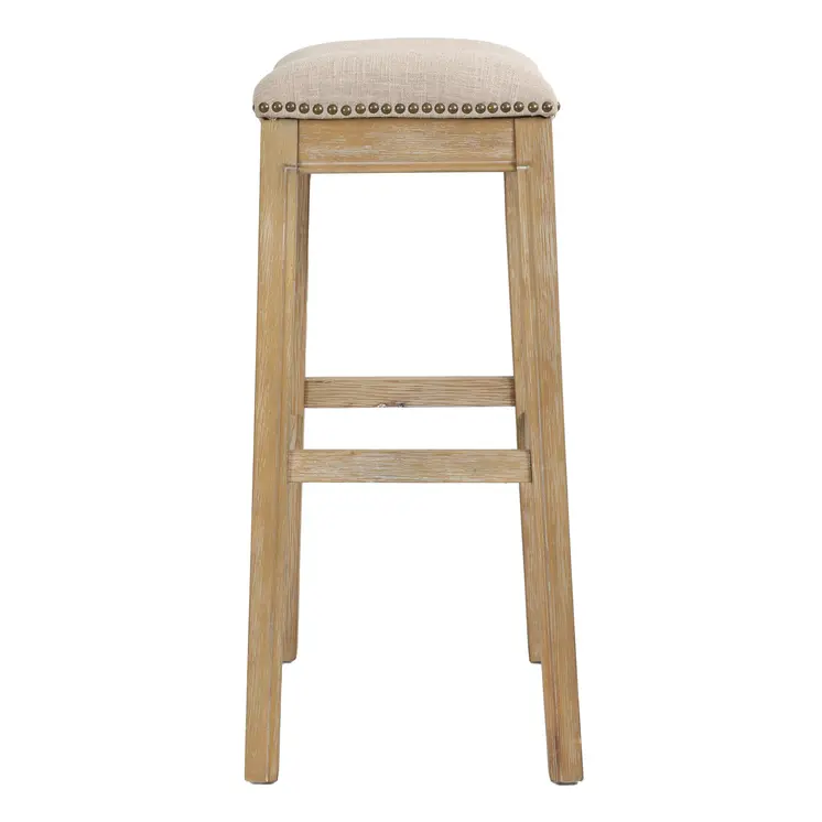 31" Linen and Natural Solid Wood Backless Bar Height Bar Chair