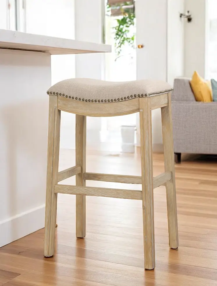 31" Linen and Natural Solid Wood Backless Bar Height Bar Chair