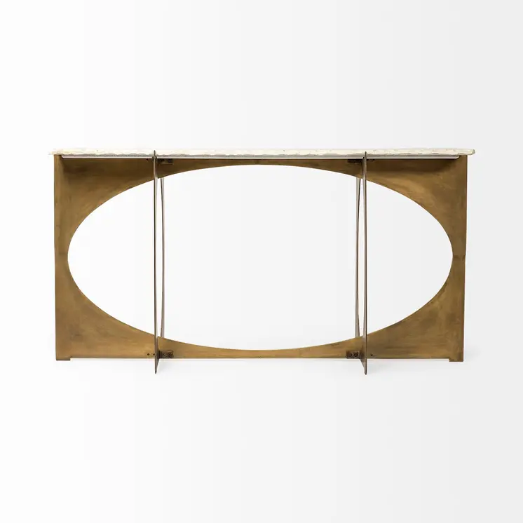 59" White and Gold Genuine Marble and Metal Geo Base Console Table