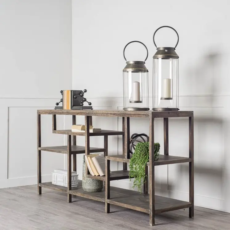 66" Brown Solid Wood Frame Console Table Five Shelves