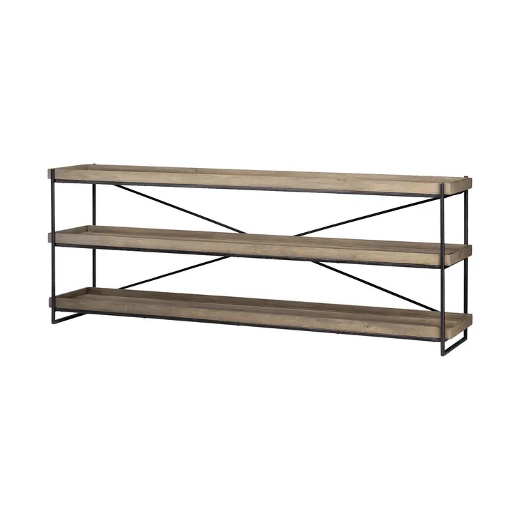 80" Light Brown and Black Solid Wood and Iron Console Table With Two Shelves