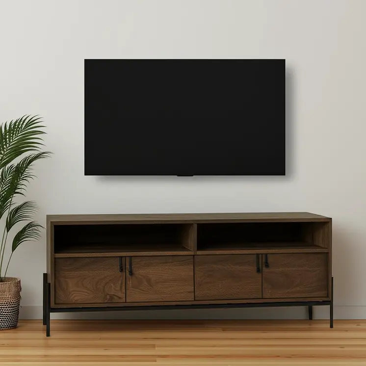 62" Brown and Black Solid Wood Cabinet Enclosed Storage TV Stand
