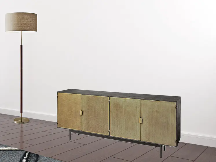 Dark Brown Mango Wood Finish Sideboard With 4 Cabinet Doors