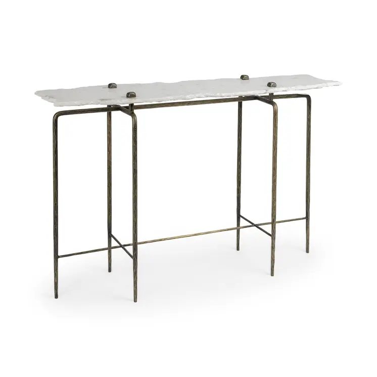 49" White and Brass Genuine Marble and Iron Distressed Six Leg Console Table