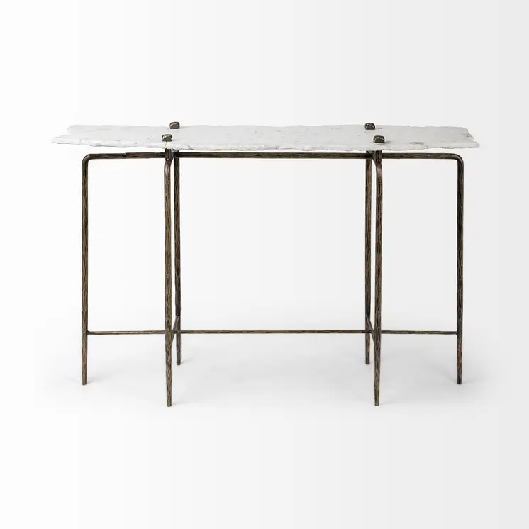 49" White and Brass Genuine Marble and Iron Distressed Six Leg Console Table