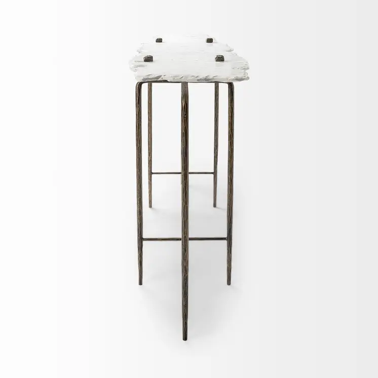 49" White and Brass Genuine Marble and Iron Distressed Six Leg Console Table
