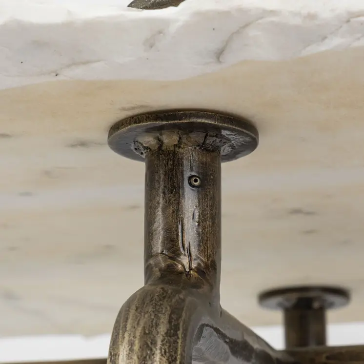 49" White and Brass Genuine Marble and Iron Distressed Six Leg Console Table