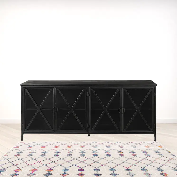 16" Black Iron Sideboard with Four Glass Doors