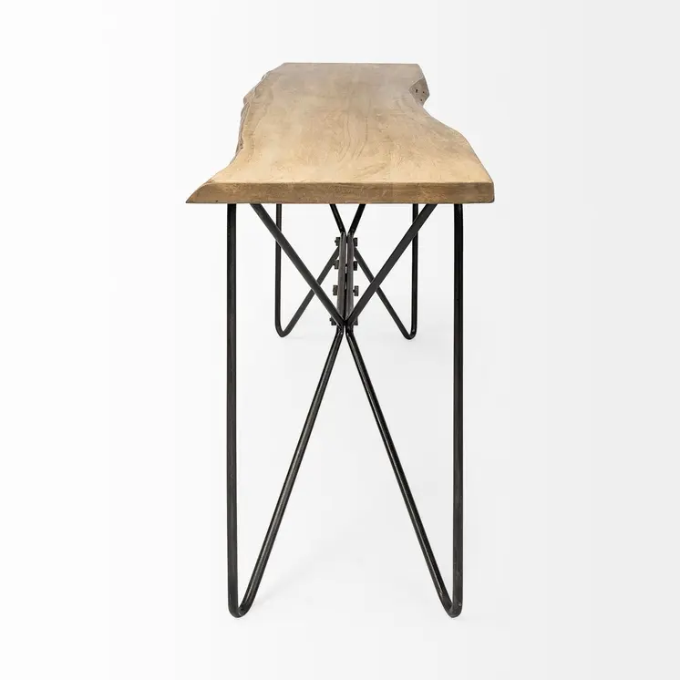 66" Natural and Black Solid Wood and Iron Abstract Base Console Table