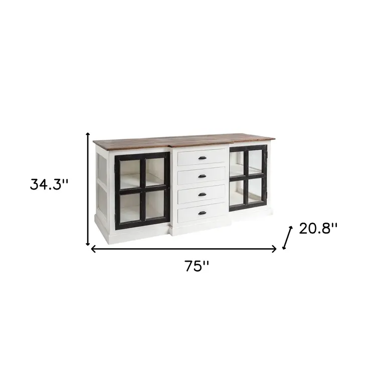 75" Brown Black And White Solid Wood Four Drawer Sideboard with Two Glass Doors