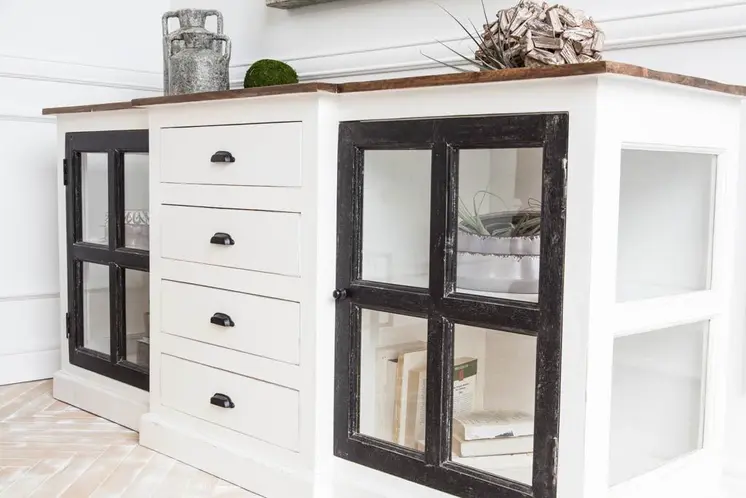 75" Brown Black And White Solid Wood Four Drawer Sideboard with Two Glass Doors