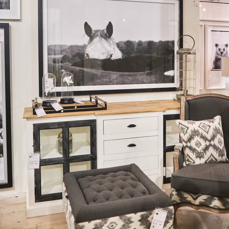 75" Brown Black And White Solid Wood Four Drawer Sideboard with Two Glass Doors