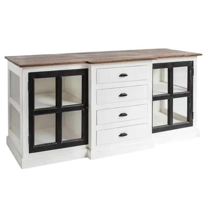 75" Brown Black And White Solid Wood Four Drawer Sideboard with Two Glass Doors