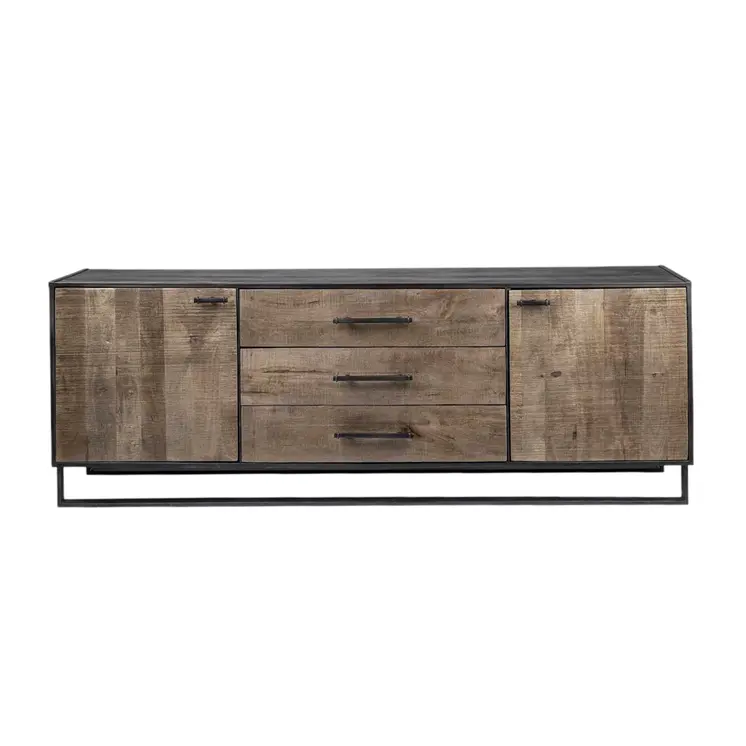 82" Brown and Black Solid Wood Three Drawer Sideboard with Two Doors