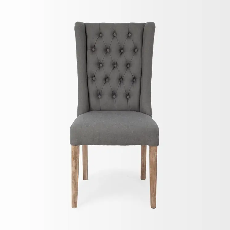 Tufted Gray and Brown Upholstered Linen Wing Back Dining Side Chair