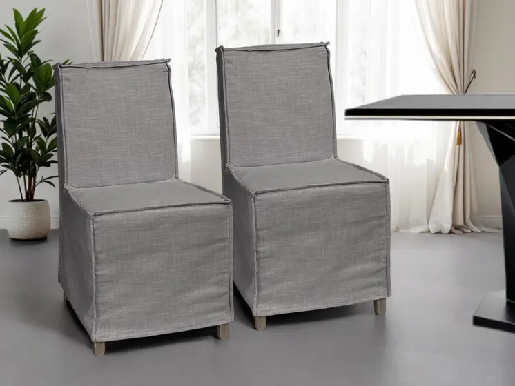 Set Of Two Gray And Brown Slipcovered Wood Parsons Chairs