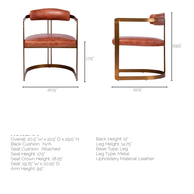 Brown And Gold Upholstered Leather Open Back Dining Arm Chair