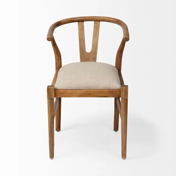 Beige And Brown Upholstered Fabric Wishbone Back