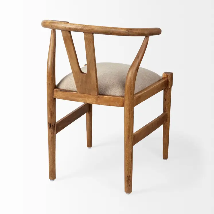 Beige And Brown Upholstered Fabric Wishbone Back