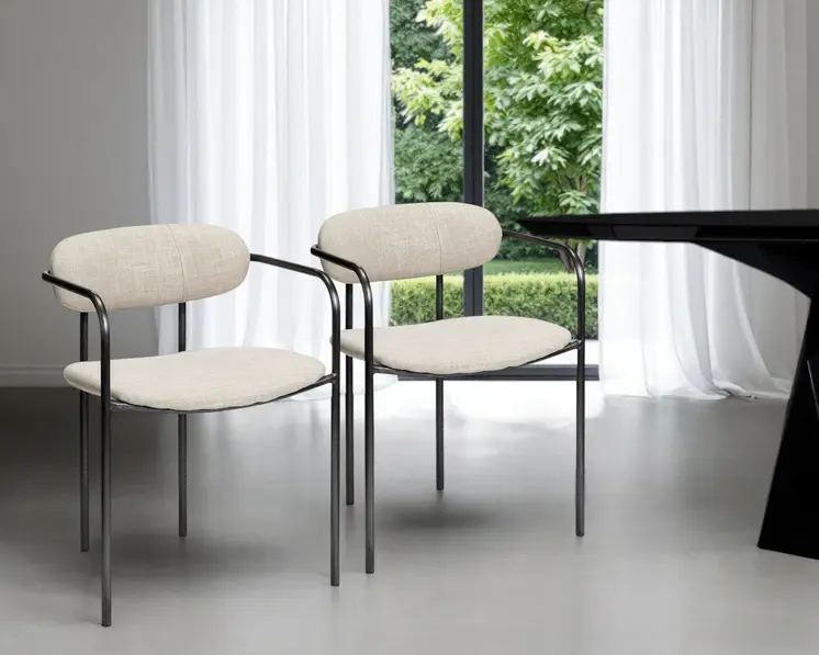 Set Of Two Beige And Gunmetal Upholstered Fabric Open Back Arm Chairs
