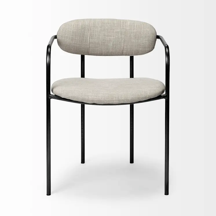 Set Of Two Beige And Gunmetal Upholstered Fabric Open Back Arm Chairs
