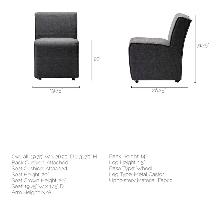 Set of Two Gray Upholstered Fabric Dining Side Chairs With Wheels