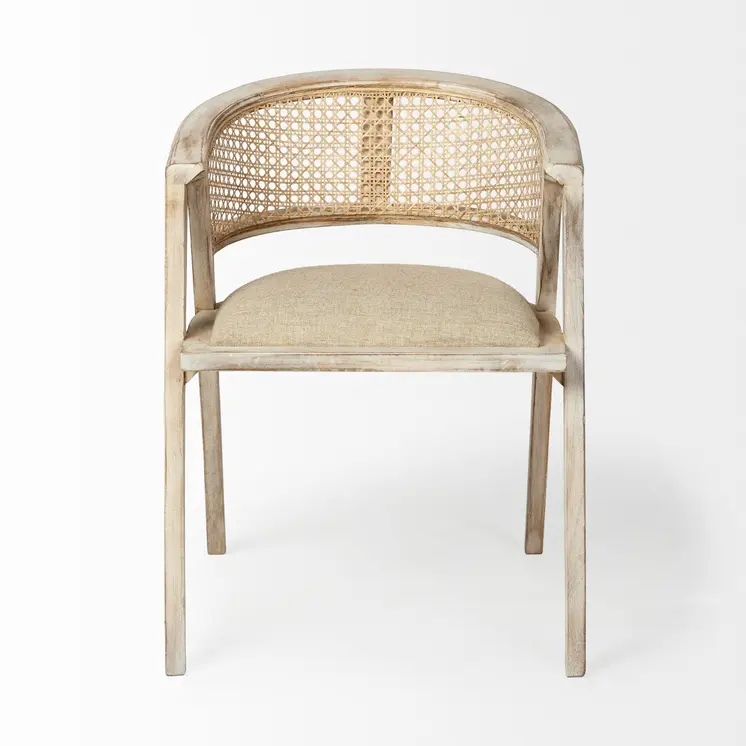 Beige And Gray Upholstered Linen Curved Back Dining Arm Chair