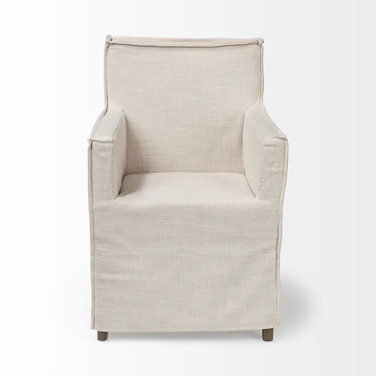 Cream and Brown Slipcovered Upholstered Fabric Dining Arm Chair