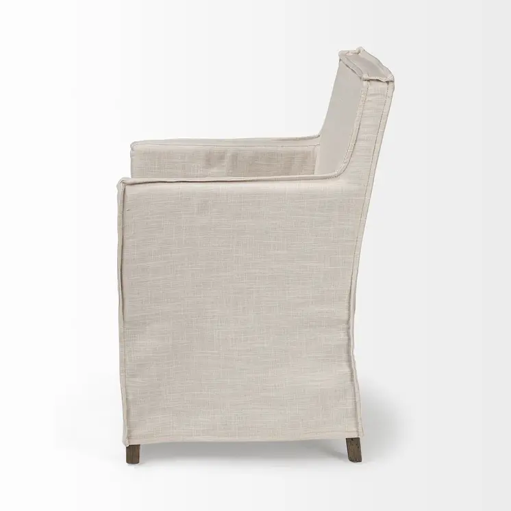Cream and Brown Slipcovered Upholstered Fabric Dining Arm Chair