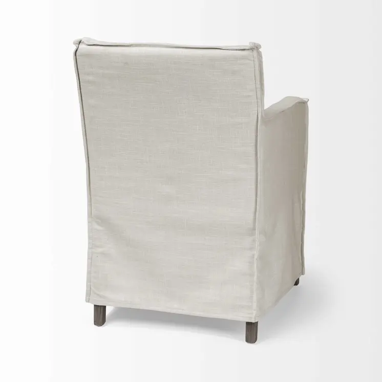 Cream and Brown Slipcovered Upholstered Fabric Dining Arm Chair