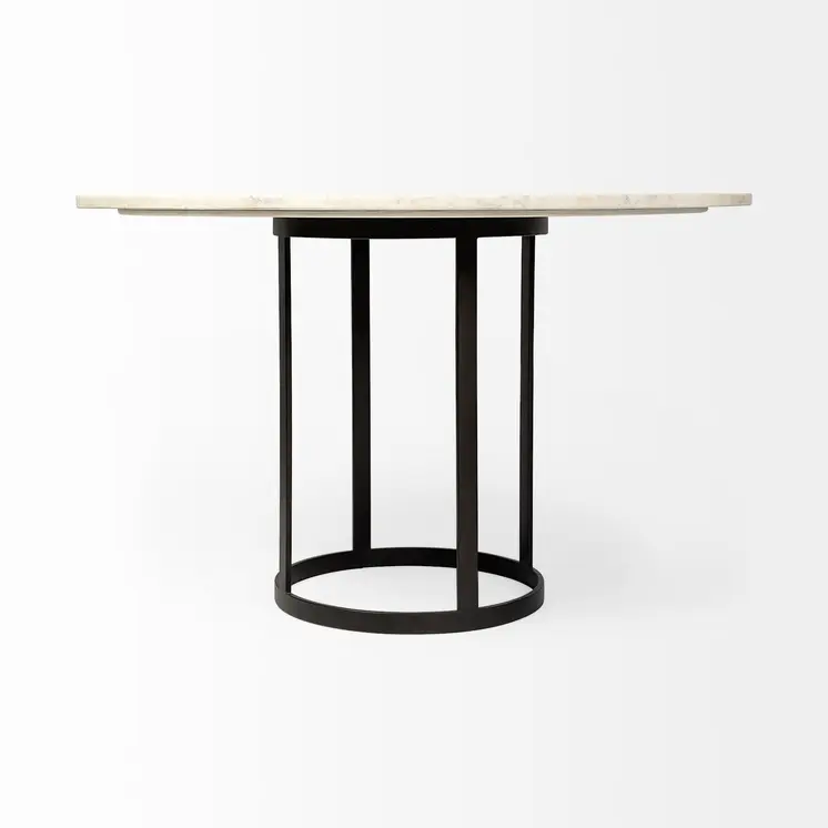 48" White And Black Rounded Marble And Metal Pedestal Base Dining Table
