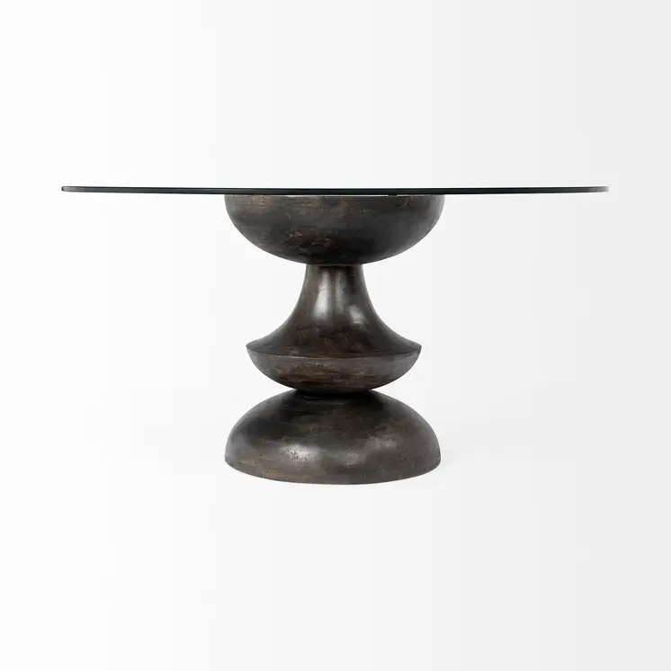 60" Clear And Brown Rounded Glass And Solid Manufactured Wood Pedestal Base Dining Table