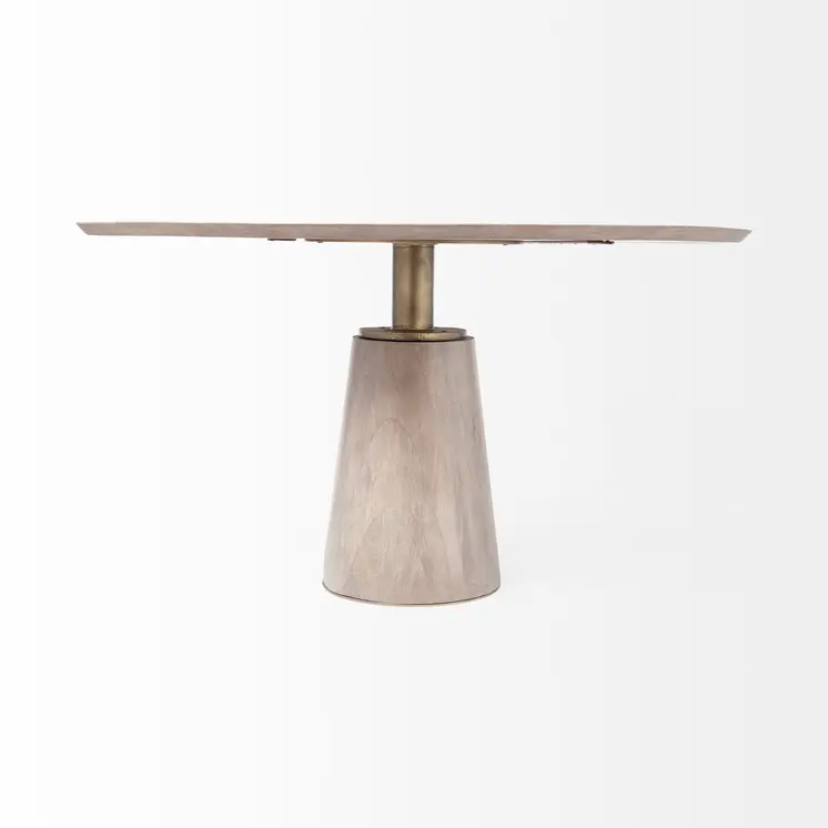 54" Brown And Gold Rounded Solid Wood And Metal Pedestal Base Dining Table