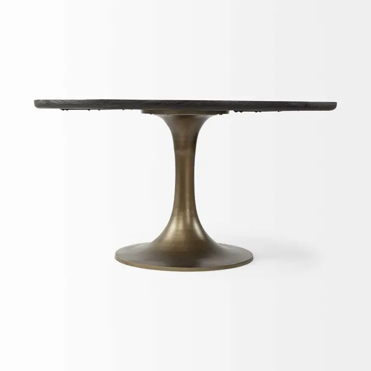 54" Black And Brass Rounded Solid Wood And Metal Pedestal Base Dining Table