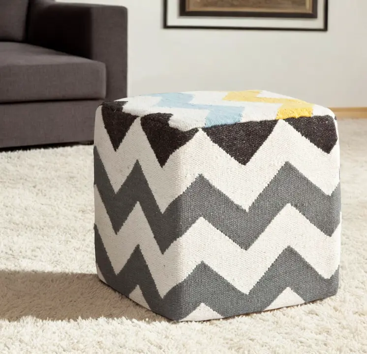 18" Ivory Geometric Pouf Ottoman