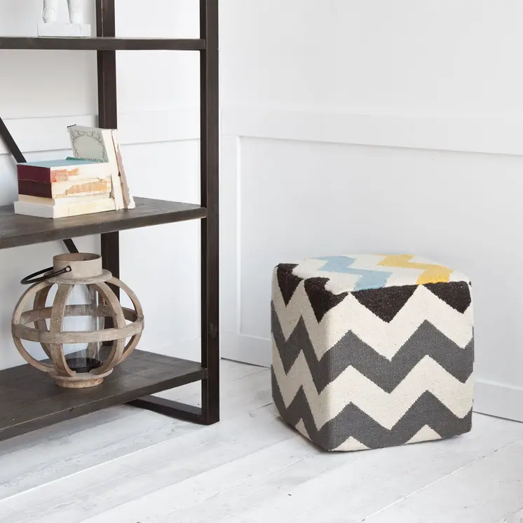 18" Ivory Geometric Pouf Ottoman