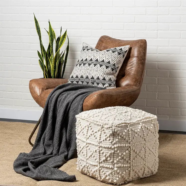 18" Ivory Wool Knubby Geometric Cube Pouf Ottoman