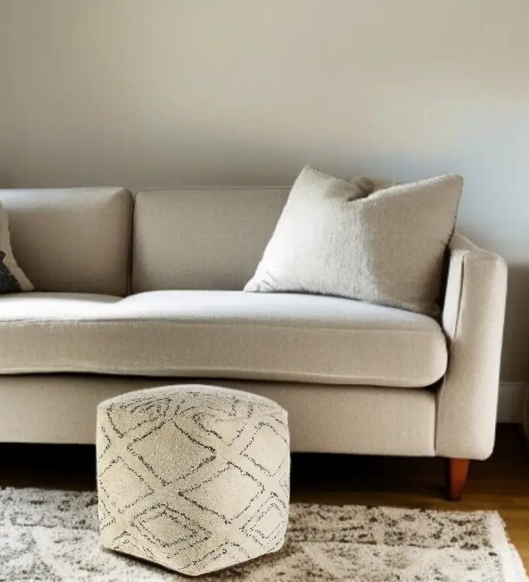 18" Beige Cotton Geometric Pouf Ottoman