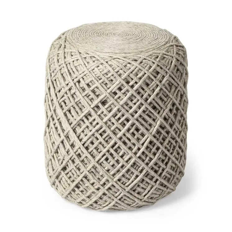 16" Ivory Upholstery Cylinder Abstract Pouf Ottoman