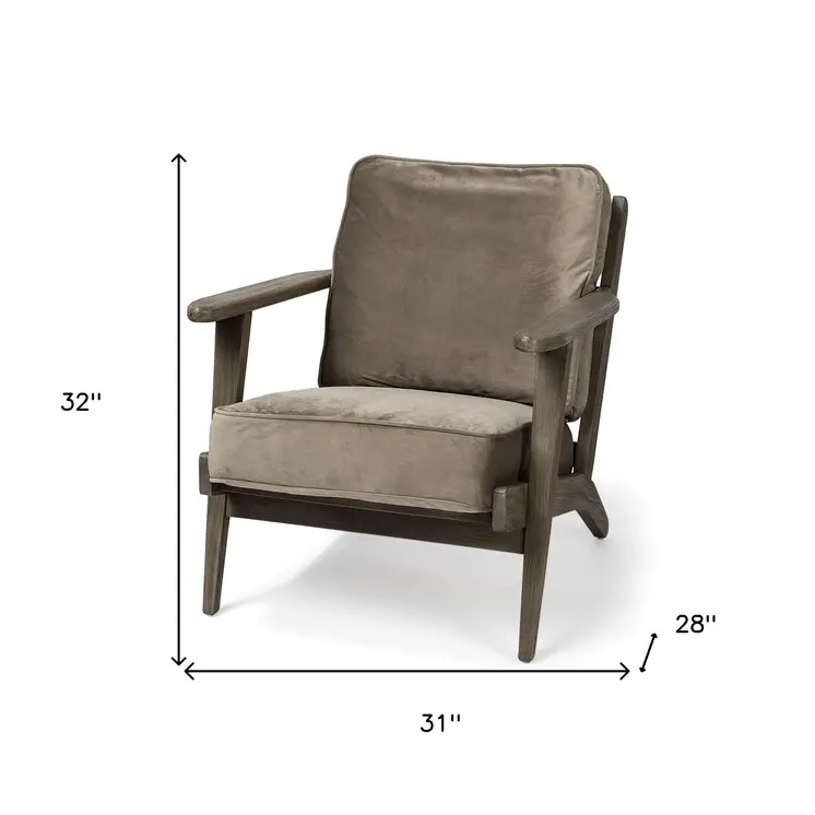 31" Olive Green and Brown Velvet Lounge Chair