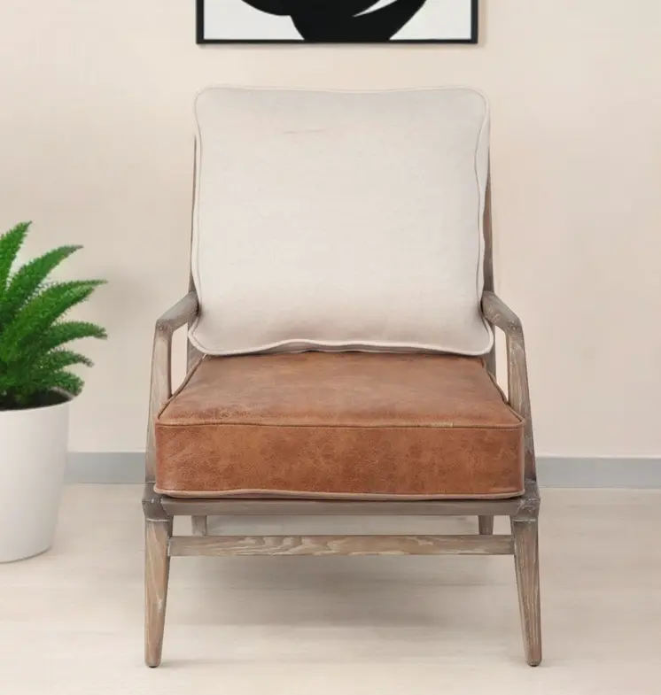 24" Beige and Brown Leather Arm Chair