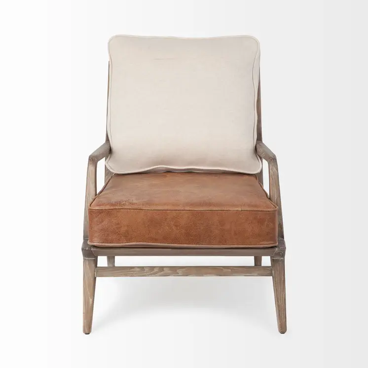 24" Beige and Brown Leather Arm Chair