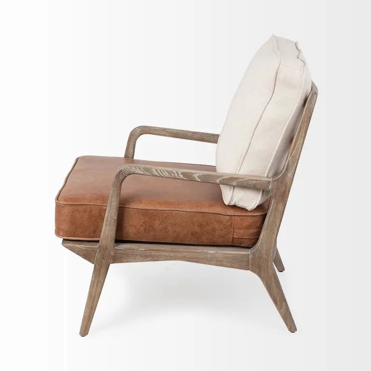 24" Beige and Brown Leather Arm Chair