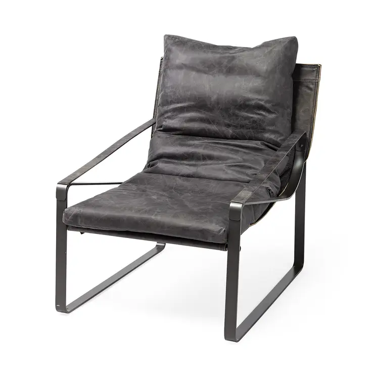 35" Black Leather Distressed Arm Chair