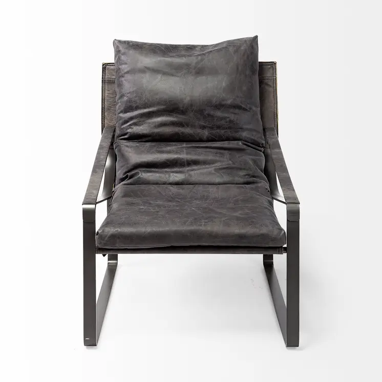 35" Black Leather Distressed Arm Chair
