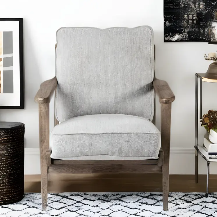 31" Light Gray and Brown Fabric Lounge Chair